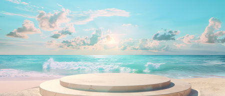 3d rendering of a blank podium on a sandy beach with a blue ocean and sky in the background.の素材