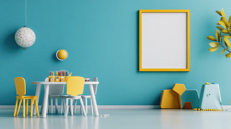 Interior of children room with blue wall, white table and yellow chairs. 3d renderの素材