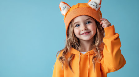 beautiful little girl in a hat of fox on a blue backgroundの素材