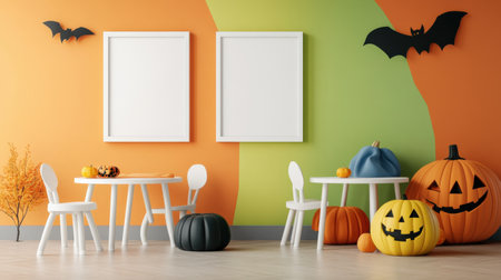 Halloween interior with pumpkins and decorations. 3D Renderingの素材