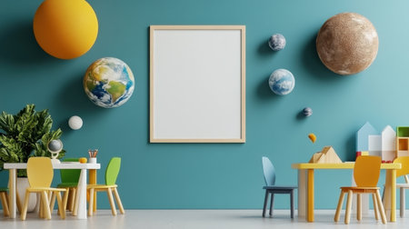 Interior of children's room with blue walls, white floor, wooden table with yellow chairs, yellow chairs and a vertical poster. 3d rendering mock upの素材