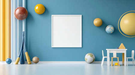 Mock up poster frame on blue wall in children room, 3d renderの素材