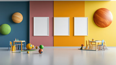 Interior of children's room with yellow and blue walls, concrete floor, white wooden table with chairs and toys. 3d renderingの素材