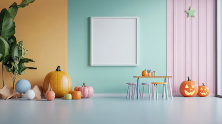 Interior of children's room with pumpkins and decorations, 3d renderの素材
