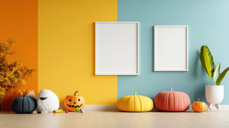 Poster mock up in children's room interior with pumpkins. 3d illustrationの素材