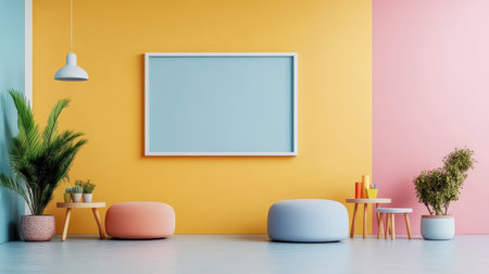 Interior of modern living room with yellow and orange walls, concrete floor, blue round coffee tables and vertical mock up poster frame. 3d renderingの素材
