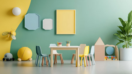 Interior of children's room with yellow and green walls, white floor, wooden table with yellow chairs and toys. 3d renderingの素材