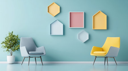 Interior of modern living room with chair and colorful frames on wallの素材
