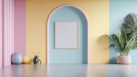 Interior of modern living room with pink and blue walls, concrete floor, white frame and plant. 3d renderの素材