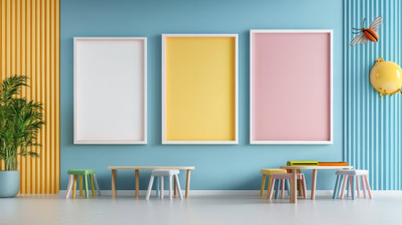 Mock up poster frame on blue wall in children room, 3d renderの素材