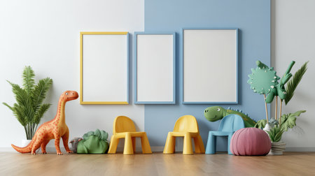 Interior of children's room with blue and white walls, wooden floor, yellow and blue armchairs and colorful dinosaurs. 3d renderの素材