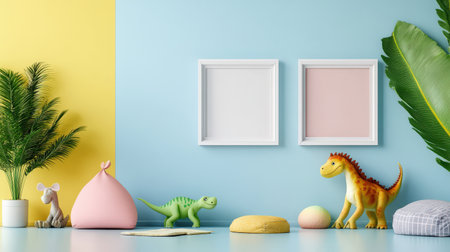 Mock up poster frame in children room, 3d render illustrationの素材