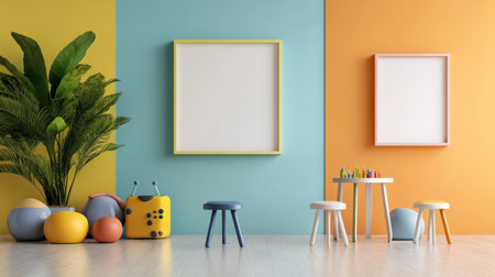 Interior of children room with yellow and blue walls, wooden floor, white frame on the wall, 3d renderの素材