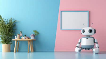 3d rendering of a robot in a room with a blank frameの素材