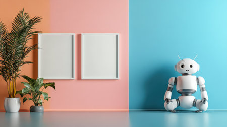 3d rendering of a robot sitting in front of a pink wall with two empty postersの素材