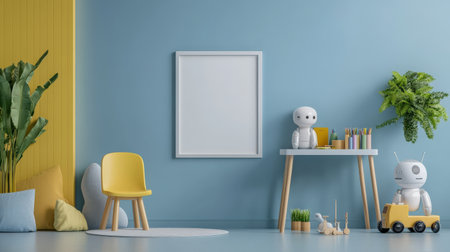 Interior of children's room with blue walls, concrete floor, yellow armchair and white mock up poster frame. 3d renderの素材