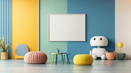 Interior of children's room with blue and yellow walls, concrete floor, white wooden pouf, 3d renderの素材