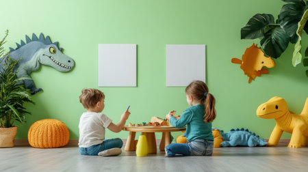 Children playing with toys at wooden table in children's room, copy spaceの素材