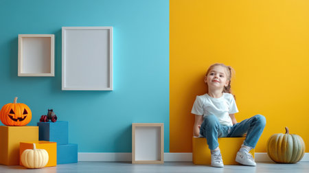 Cute little girl sitting on yellow chair in room decorated for Halloweenの素材