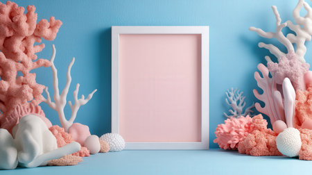 White frame mockup with coral reef background. 3d rendering.の素材