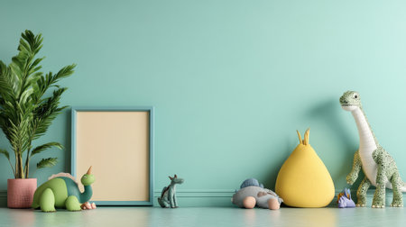 Interior of children room with green wall and toys 3D renderingの素材