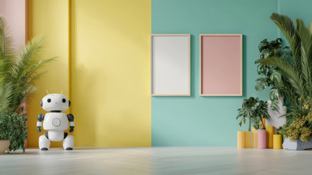 3d rendering of robot in modern interior with colorful wall mock upの素材