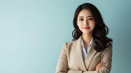 Close up of young Asian businesswoman in a beige suit, black hair, stands with crossed arms, smiling at the camera. Successful beautiful lady isolated on a white background, Portrait personの素材
