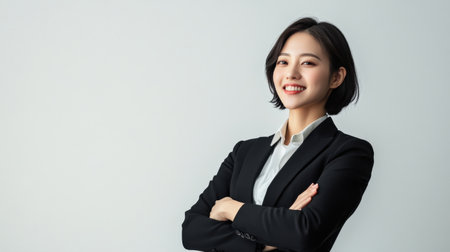 Close up of young Asian businesswoman in a black suit, black short hair, stands with crossed arms, smiling at the camera. Successful beautiful lady isolated on a white background, Portrait personの素材