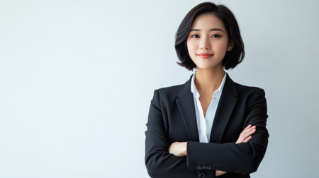 Close up of young Asian businesswoman in a black suit, black short hair, stands with crossed arms, smiling at the camera. Successful beautiful lady isolated on a white background, Portrait personの素材