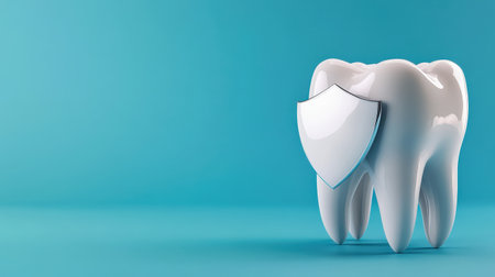 3D illustration of white teeth with shield. Teeth protection concept blue tone.の素材
