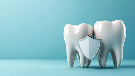 3D illustration of white teeth with shield. Teeth protection concept blue tone.の素材