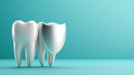 3D illustration of white teeth with shield. Teeth protection concept blue tone.の素材