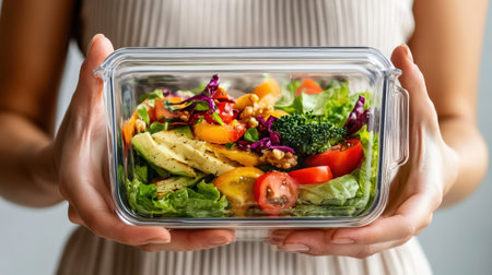 A woman holds a glass container with a healthy salad inside.の素材