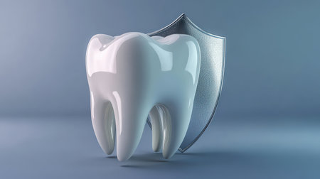 3D illustration of white teeth with shield. Teeth protection concept blue tone.の素材