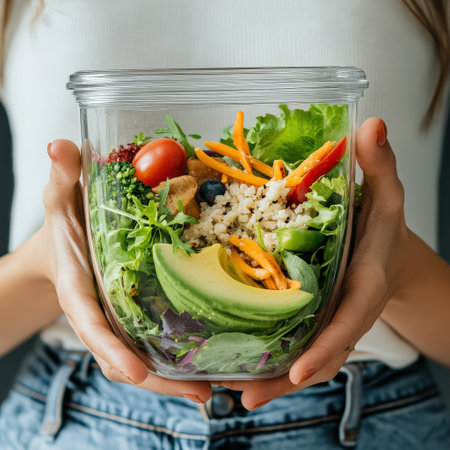 A woman holds a glass container with a healthy salad inside.の素材
