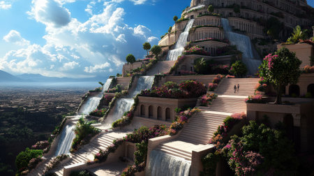 Lush terraced gardens cascade down towering structures in ancient Babylon, a vibrant oasis adorned with blooming flowers and cascading waterfalls.の素材