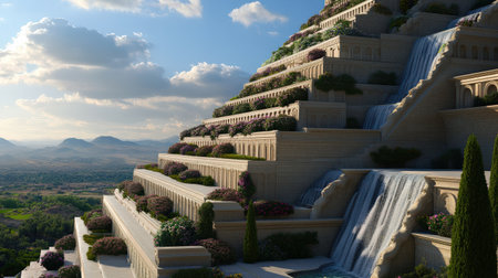 Lush terraced gardens cascade down towering structures in ancient Babylon, a vibrant oasis adorned with blooming flowers and cascading waterfalls.の素材