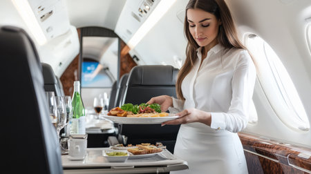 A beautiful flight attendant serving food on a private jet.の素材