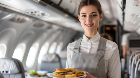 A beautiful flight attendant is serving food on a planeの素材