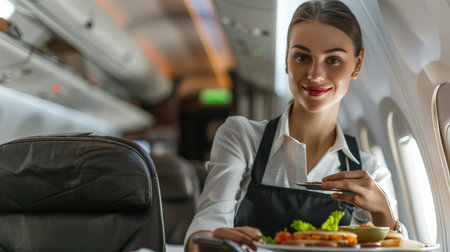 A beautiful flight attendant is serving food to a passenger on a private jet.の素材