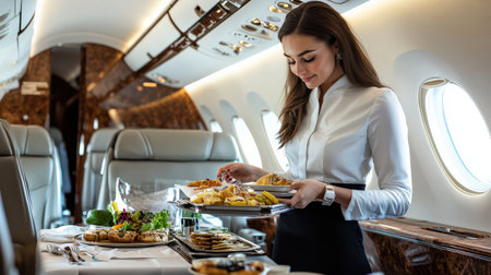 A beautiful flight attendant serving food on a private jet.の素材