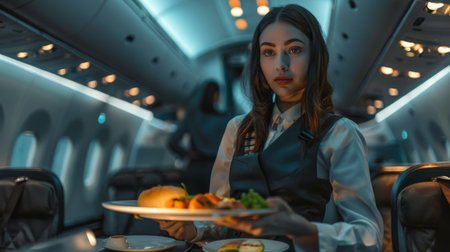 A beautiful flight attendant is serving food on a plane.の素材