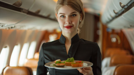 Beautiful flight attendant serving food on a private jetの素材