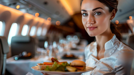 A beautiful flight attendant is serving food on a plane.の素材