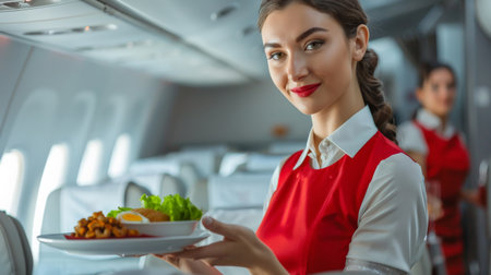 A beautiful flight attendant is serving food on a planeの素材