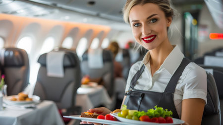 A beautiful flight attendant is serving food on a plane.の素材