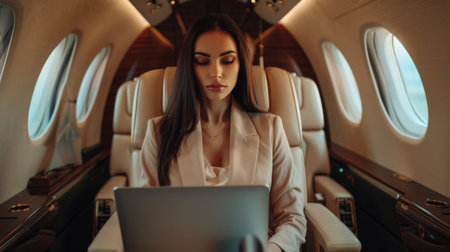 A beautiful young woman is sitting in a private jet and working on her laptop. She is wearing a beige suit and has her hair in a ponytail. The jet is flying high above the clouds.の素材