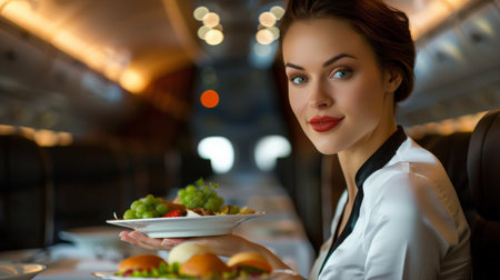 Beautiful stewardess offers passenger a delicious lunch on board the planeの素材