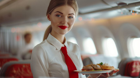 Portrait of beautiful smiling stewardess holding plate with meal on board of airplaneの素材