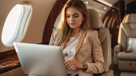 Businesswoman working on laptop in private jetの素材